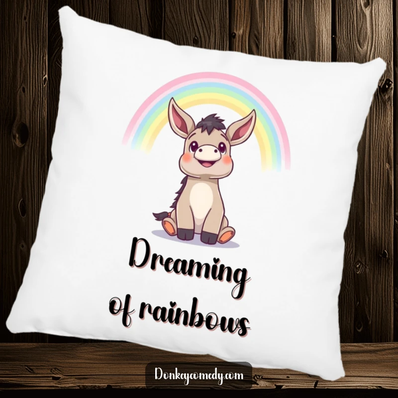 Funny donkey looking up with wonder at a vibrant rainbow, soft, cozy, and humorous accent pillow.