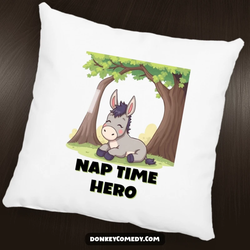 Funny donkey pillow displays a happy donkey sighing in relief beneath a shady tree, offering comfort and humorous decor.