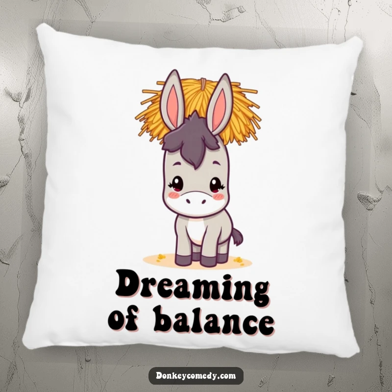 Funny kawaii donkey pillow featuring a cute, soft donkey balancing a large pile of hay on its head, radiating warmth and humor.