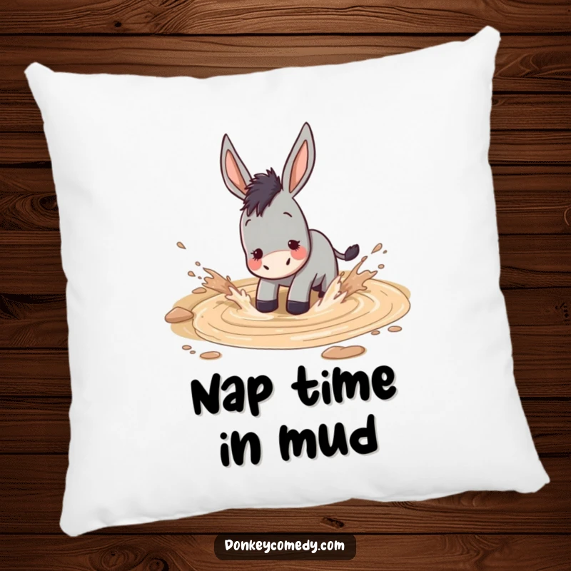 Funny donkey gleefully splashing in a muddy puddle, soft, cozy, and humorous accent pillow.