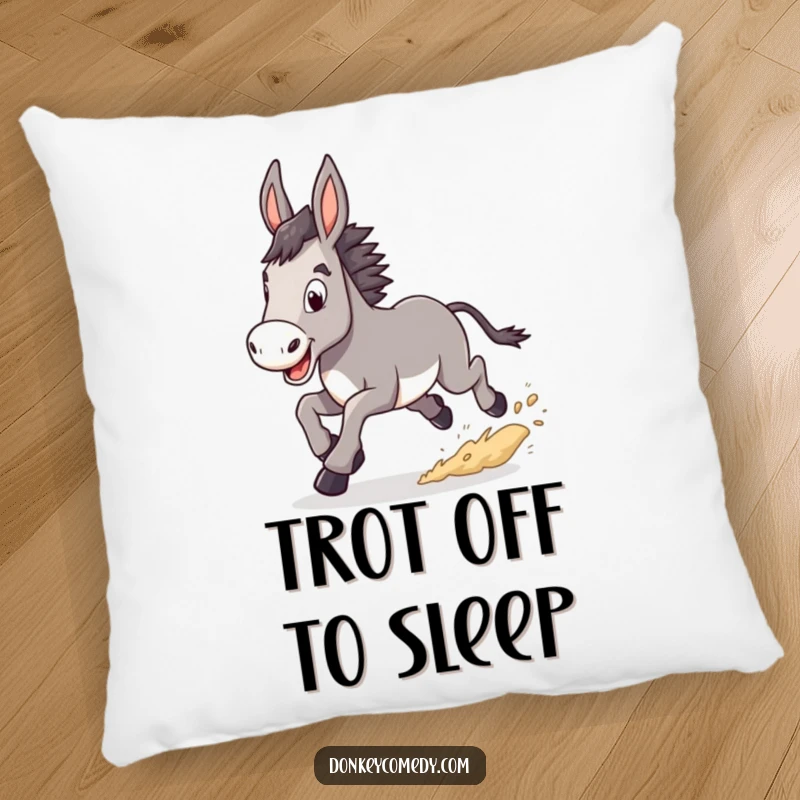 Funny Donkey Pillow featuring a donkey in a determined trot, kicking up dust, offering soft, humorous comfort and inspiration.