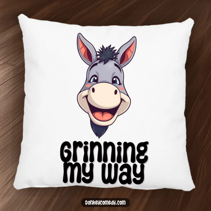Funny Donkey Pillow featuring a donkey with a wide, toothy grin, offering soft, humorous comfort and radiating happiness.
