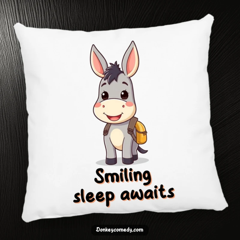 Kawaii donkey pillow featuring a smiling donkey with a small backpack, offering huggable comfort and adorable decorative charm.