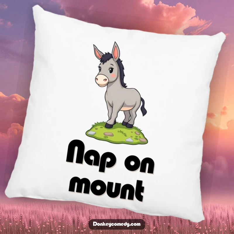 Funny proud donkey standing on a grassy mound, on a soft, comfortable pillow, a humorous decorative gift.