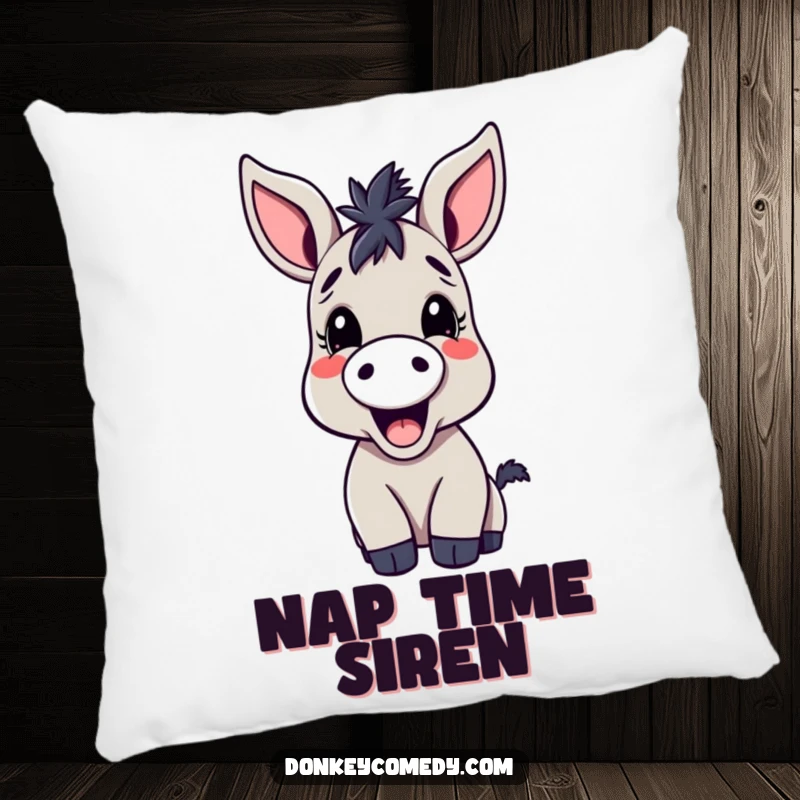 Funny kawaii donkey pillow, depicting a large-eared donkey joyfully braying, offering soft comfort and cartoon amusement.