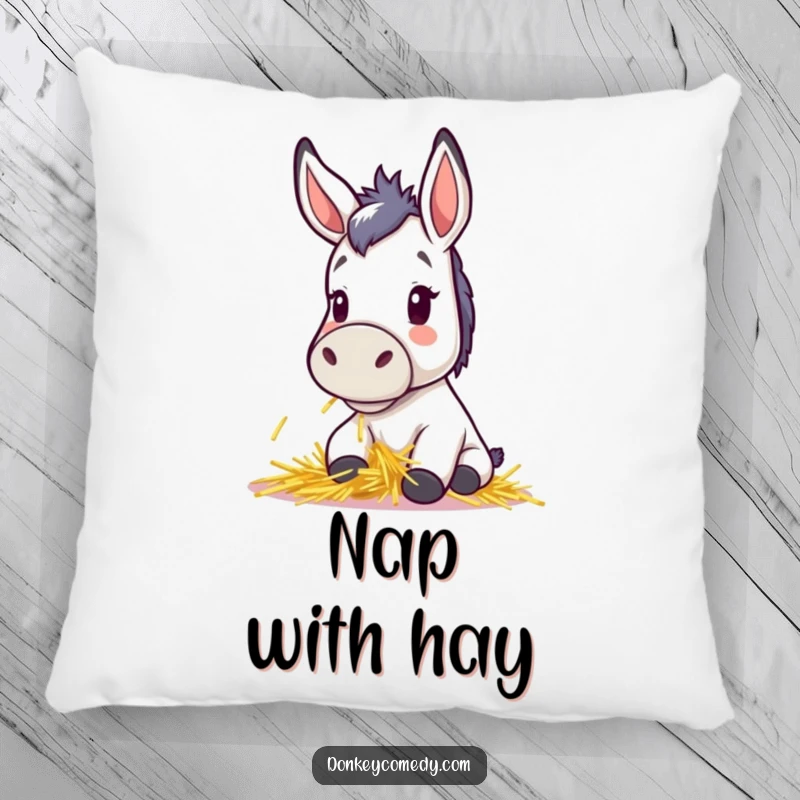 Funny pillow with a cute kawaii donkey, perky ears, happily munching hay, offering comfort and adorable charm, great gift.