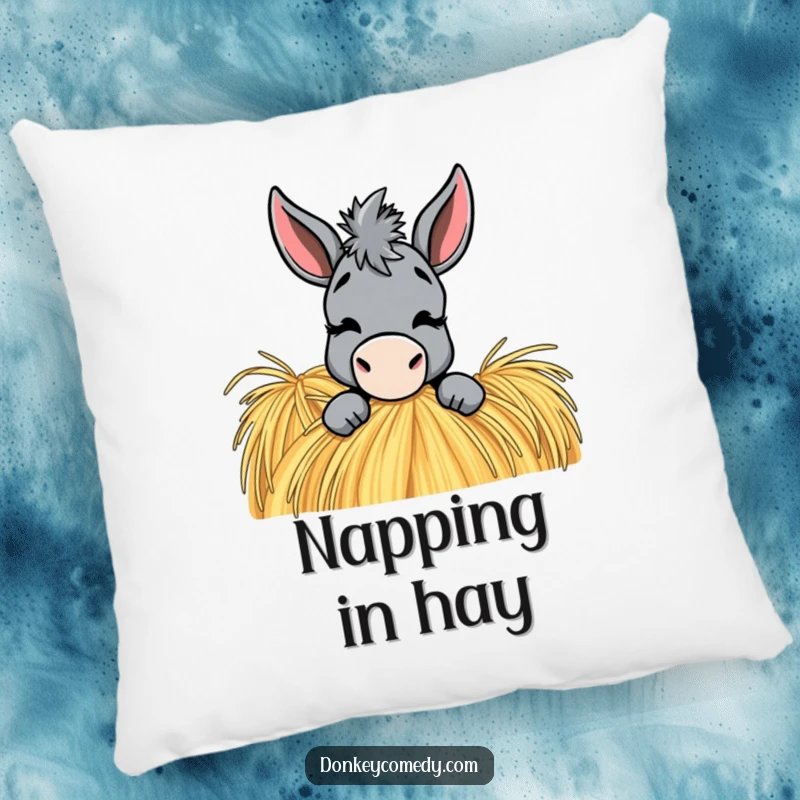 Funny Donkey Pillow: A donkey peeks from a haystack with a playful wink, offering humorous and cozy comfort.