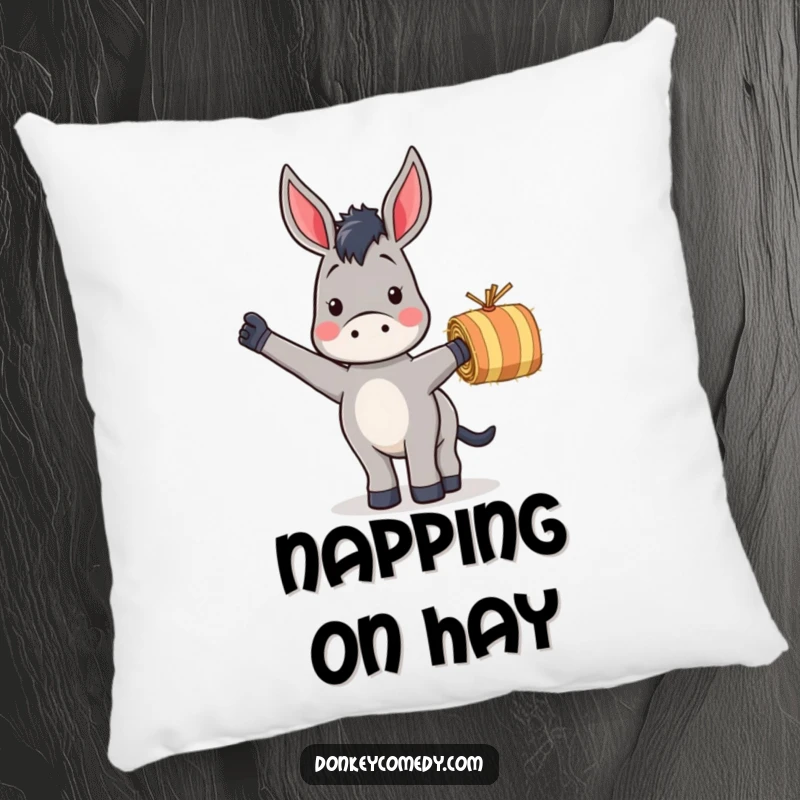 Funny pillow showcasing a donkey enthusiastically waving a striped hay bale, offering comfort and farm-themed laughter.