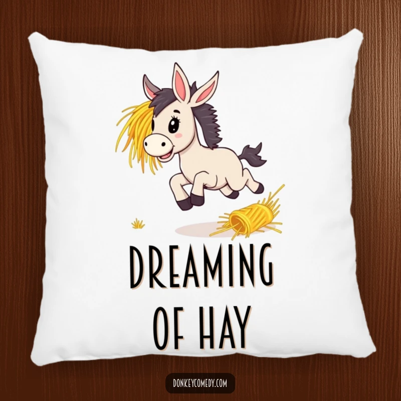 Funny donkey bounding with exuberant delight after a rolling bunch of hay, depicted on a soft and comforting pillow.