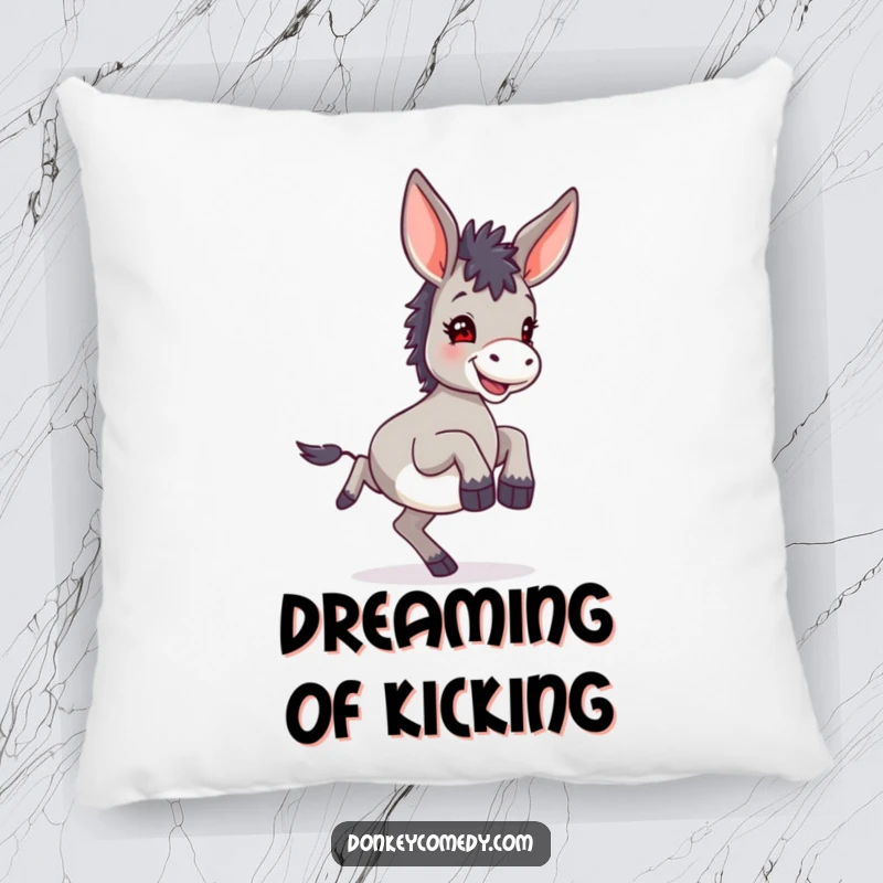 Funny small donkey with prominent large ears, captured joyfully kicking its hind legs while resting on a soft, decorative pillow.