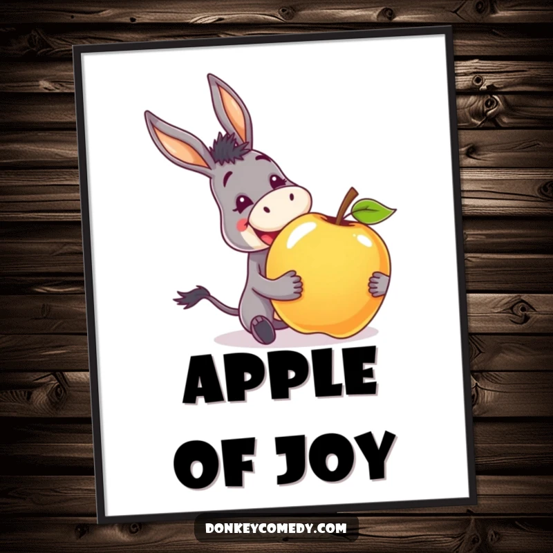 Funny digital art print of a donkey with an excited grin, happily receiving a giant apple, full of joy.