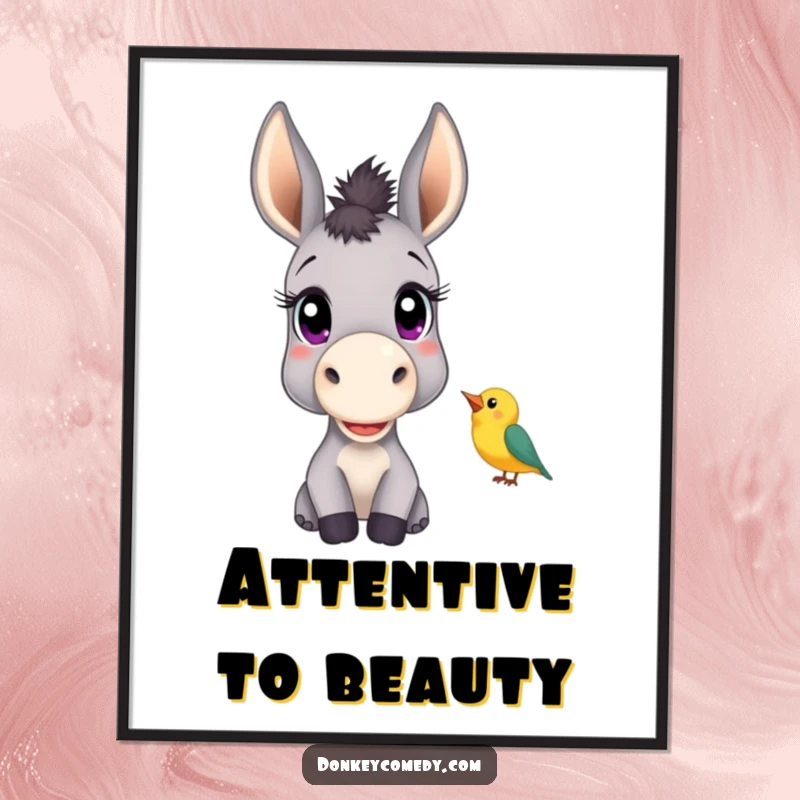 Funny digital art print of a donkey with large, curious eyes attentively listening to a small chirping bird, full of wonder.