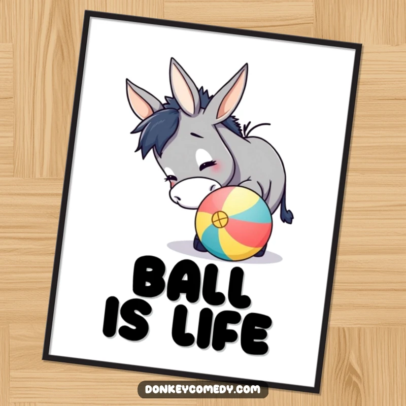 Funny donkey digital art print of a happy donkey playfully nudging a colorful ball with its nose, ready to be displayed with cheer.