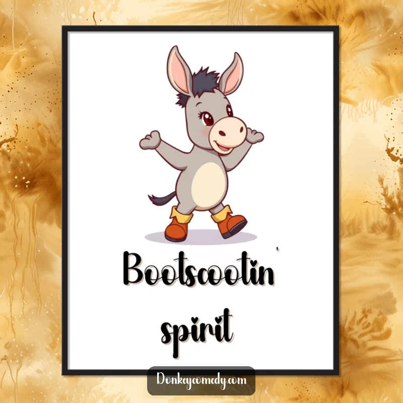 Funny digital art print of a donkey in boots dancing a jig, perfect for adding playful decor.