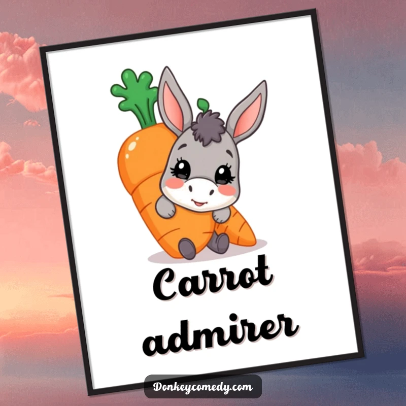Funny donkey carrot digital art print, a character peeking from behind a large ripe carrot, bringing cartoon mischief.