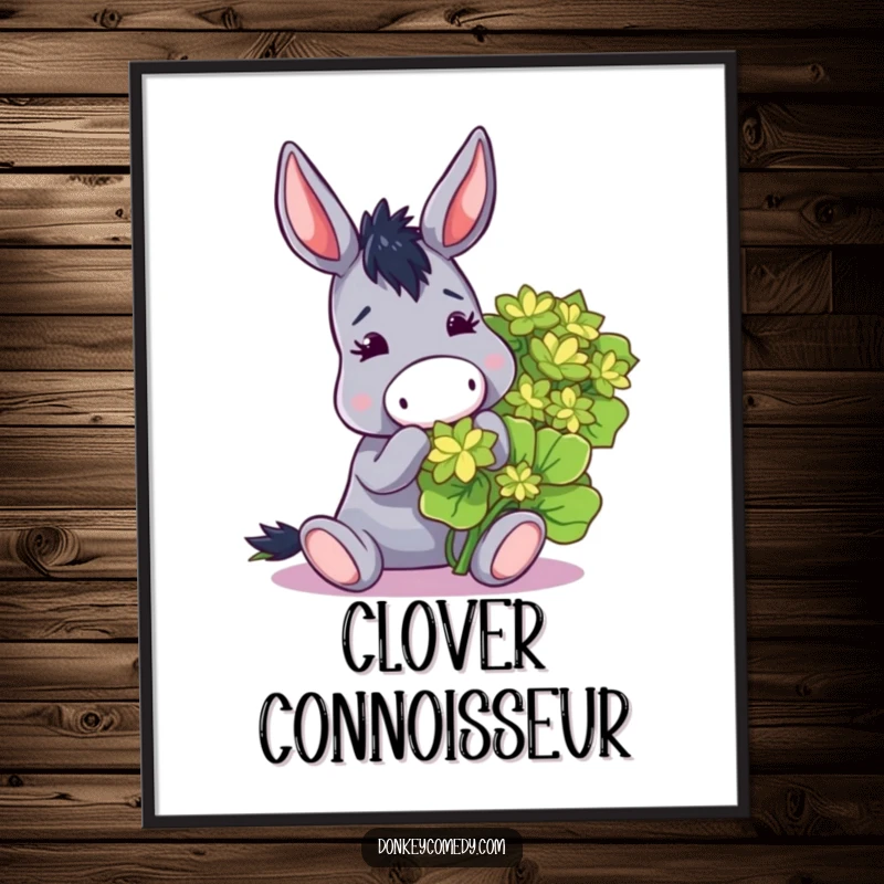 Funny digital art print of a donkey joyfully munching on a huge clover, ideal for printable wall decor.