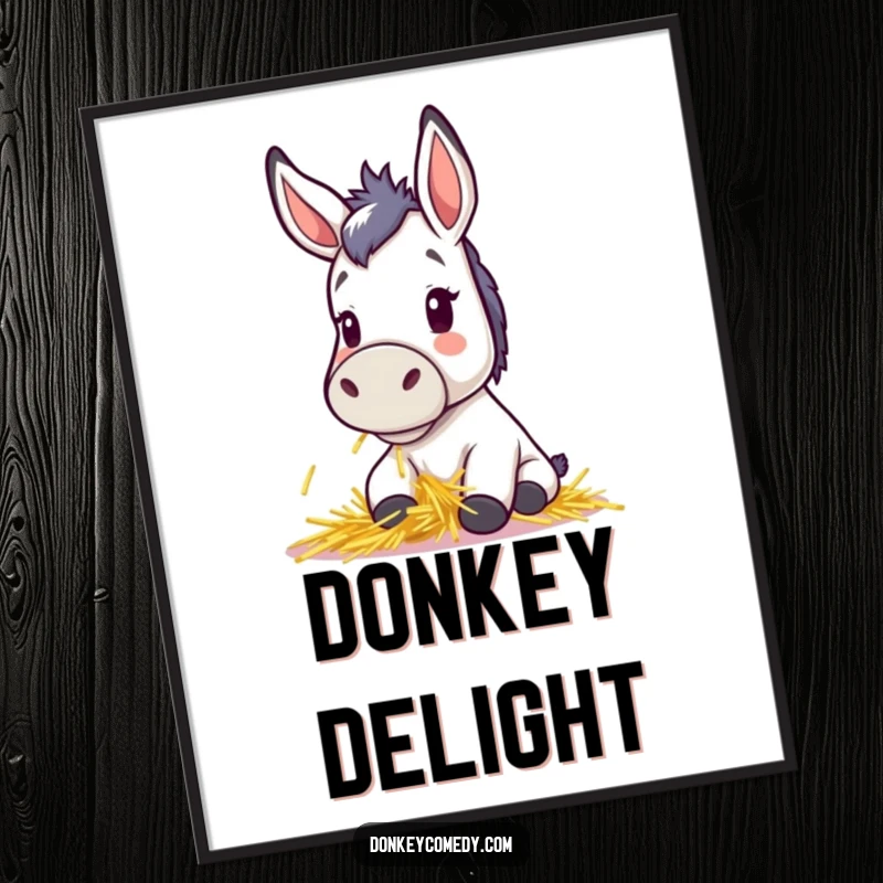 Funny digital art print of a cute kawaii donkey, perky ears, happily munching hay, perfect for instant wall art, great gift.