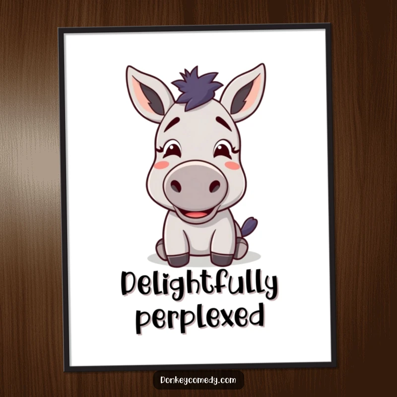 Funny kawaii donkey with a confused but delighted expression, a downloadable digital art print for humorous decor.