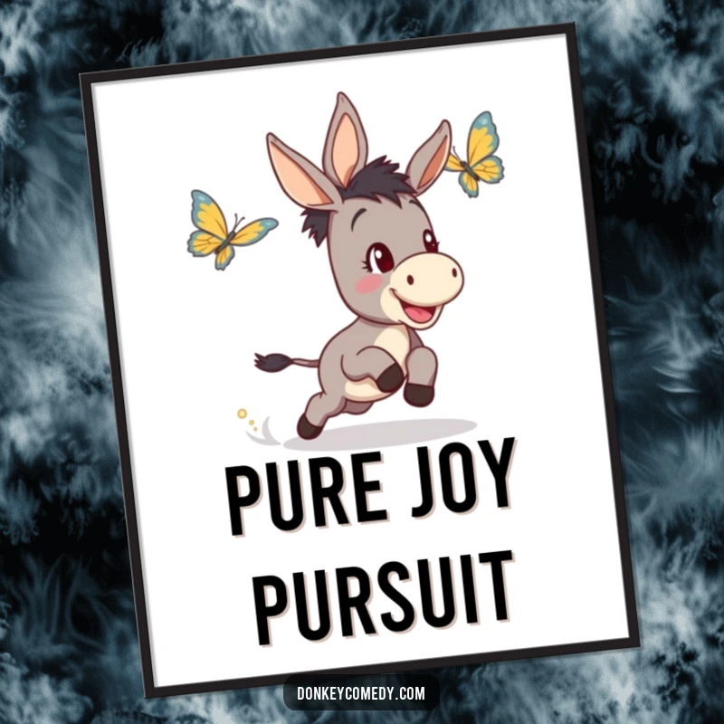 Funny digital art print of a determined, happy donkey joyfully pursuing a delicate butterfly, creating a whimsical and humorous scene.