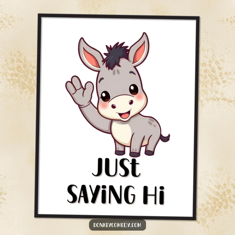 Funny donkey digital art print of a cheerful donkey giving a friendly wave, perfect for adding a welcoming touch to any space.