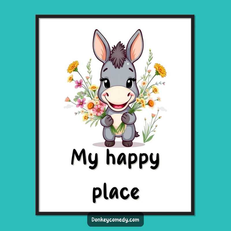 Funny Donkey Grin Digital Art: Instant Joy with Flower Bouquet Humor