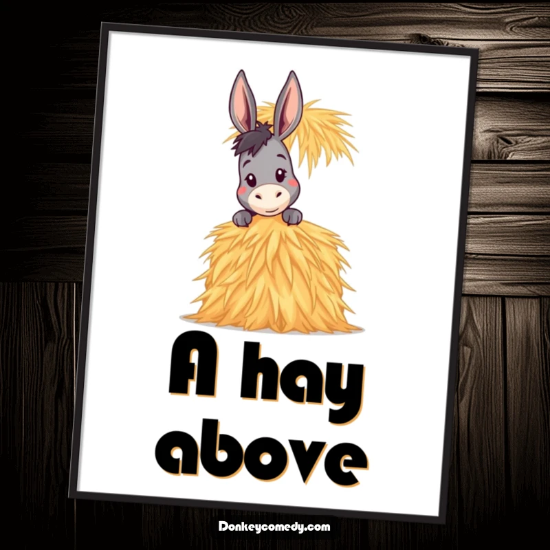 Funny Donkey Digital Art Print of a donkey peeking over a tall stack of hay, perfect for instant, charming wall decor.