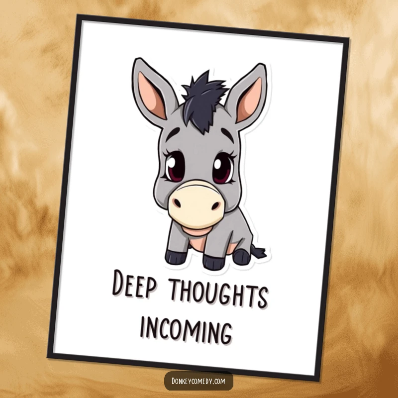 Funny digital art print of a donkey with an irresistible head tilt, conveying pure curiosity for wall decor.