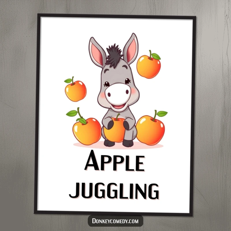 Funny Donkey Digital Art: A donkey with a mischievous grin juggles three juicy apples, bringing playful humor.