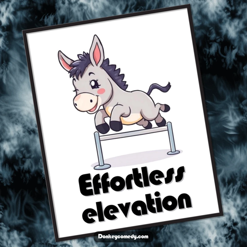 Funny digital art print of a donkey joyfully clearing a hurdle, symbolizing achievement and adding a dynamic touch.