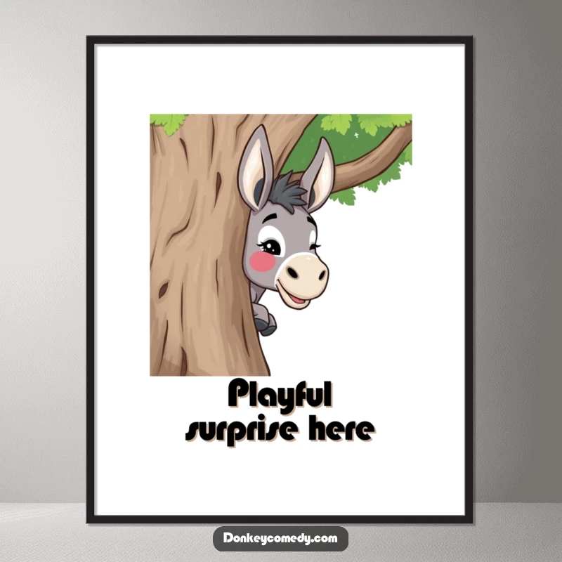 Funny donkey digital art print of a donkey playfully peeking around a tree with a mischievous wink, creating a humorous and engaging display.