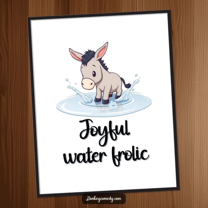 Funny digital art print of a donkey joyfully splashing in a shallow water puddle, capturing a moment of pure, playful fun.