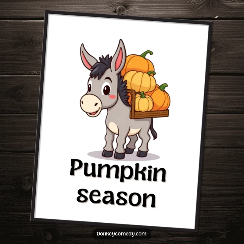 Funny Donkey Pumpkin Haul Digital Art Print: A printable artwork of a determined donkey carrying pumpkins, ready for funny fall decor.