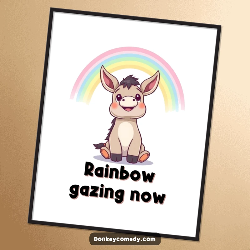 Funny donkey looking up with wonder at a beautiful rainbow, humorous and inspirational digital art.