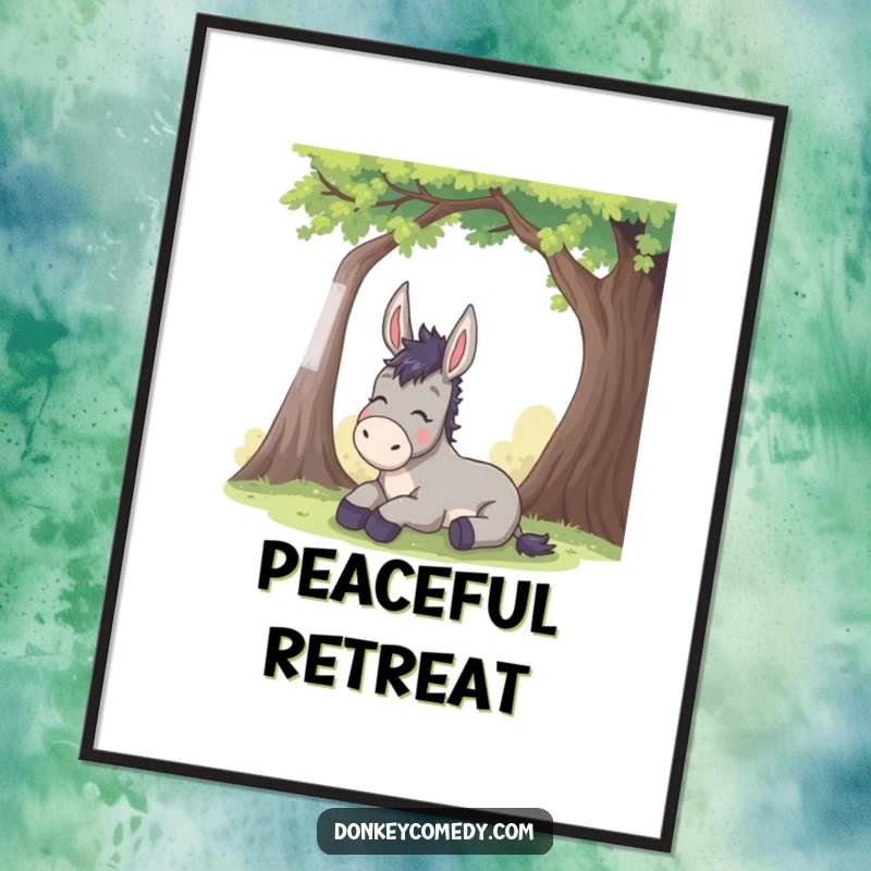 Funny donkey digital art print features a donkey sighing with relief under a tree, perfect for humorous wall decor.