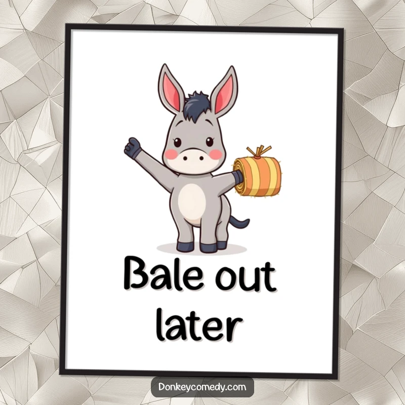 Funny digital art print of a donkey enthusiastically waving a small striped hay bale, ready for download.