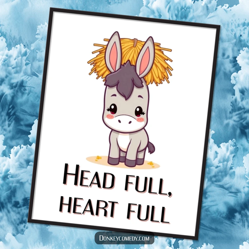 Funny kawaii donkey digital art print of a cute donkey with a stack of hay perfectly balanced on its head, ready to be displayed.