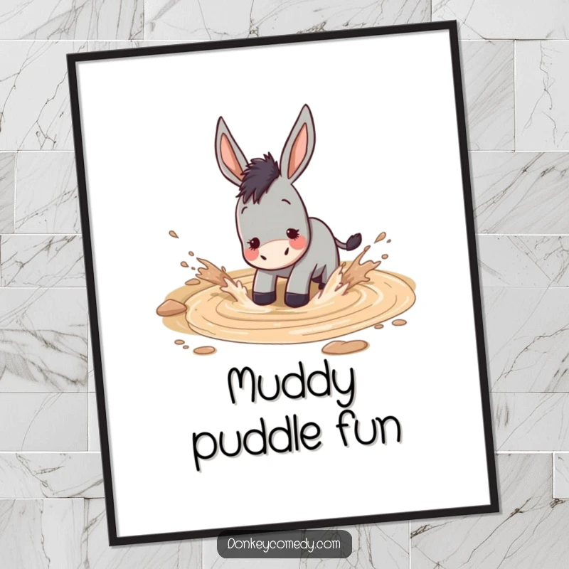 Funny donkey gleefully splashing in a muddy puddle, humorous and energetic digital art.