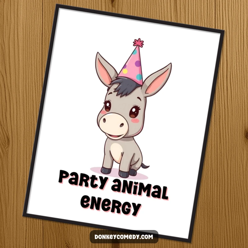 Funny kawaii donkey in a large party hat, a downloadable digital art print for humorous and festive decoration.
