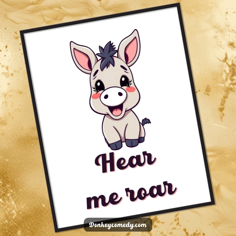 Funny kawaii donkey digital art print, large-eared and joyfully braying, capturing a moment of cartoon animal mirth.
