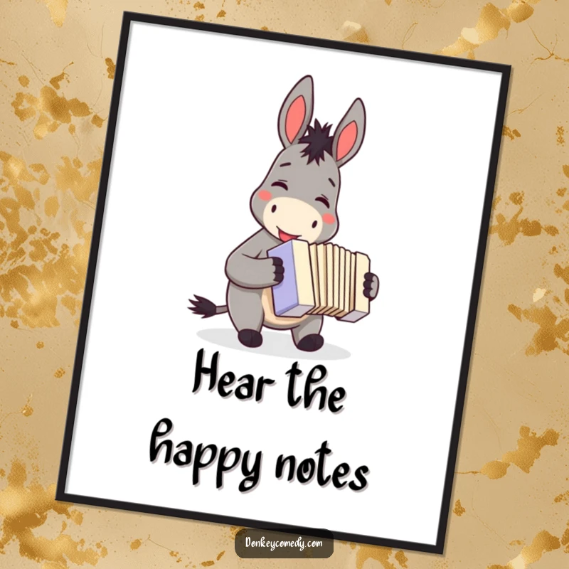Funny donkey accordion digital art print, smiling joyfully while playing a small accordion, perfect for instant musical decor.