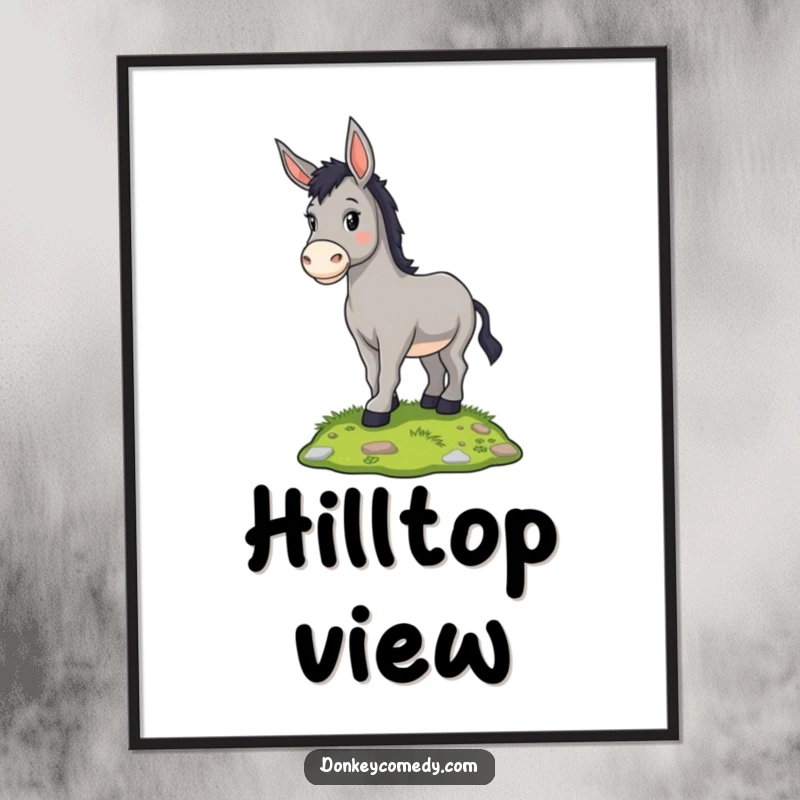 Funny proud donkey standing on a small grassy mound, as a printable digital art piece, perfect for a humorous gift.