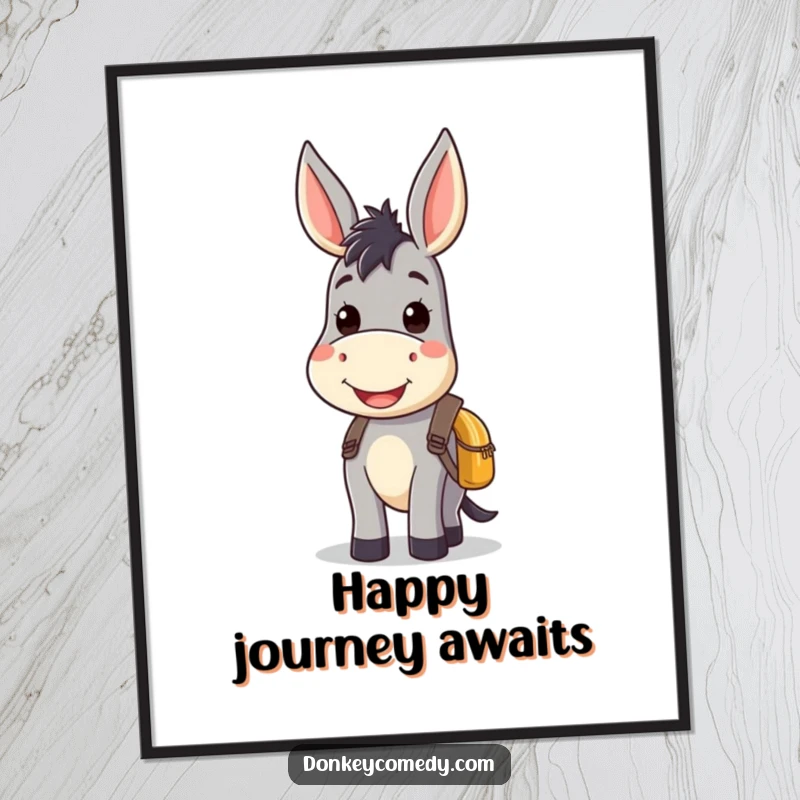Kawaii donkey digital art print of a smiling donkey with a small backpack, radiating pure sweetness and happiness for charming decor.