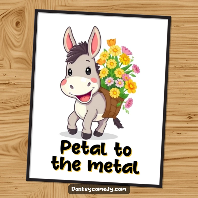 Funny digital art print of a donkey with a wide, cheerful grin happily carrying a large load of colorful flowers.