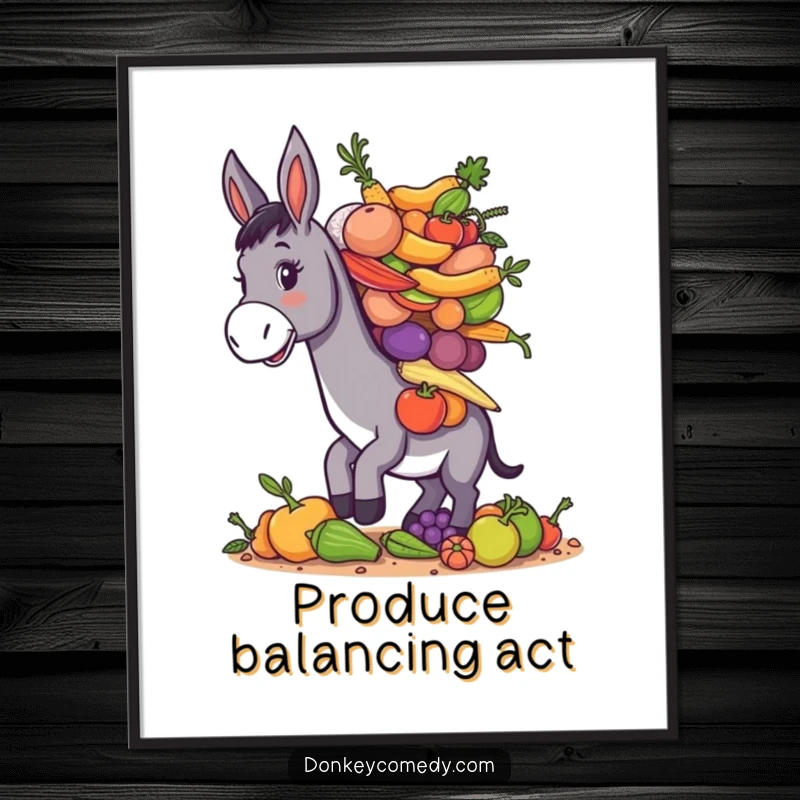 Funny donkey balancing a large pile of assorted farm produce, humorous and rustic digital art.