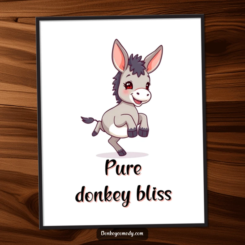 Funny small donkey with oversized ears, joyfully kicking its hind legs in a dynamic and expressive pose, as a digital art print.