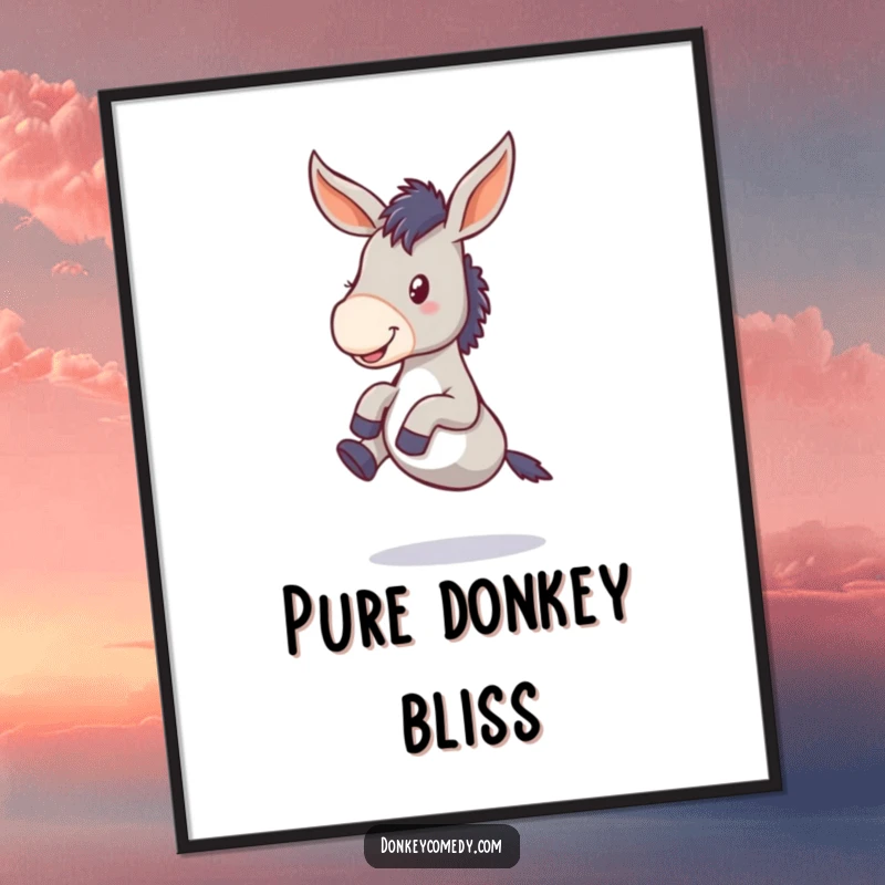 Funny donkey digital art print of a floppy-eared creature joyfully kicking its legs, radiating pure happiness and playful energy.