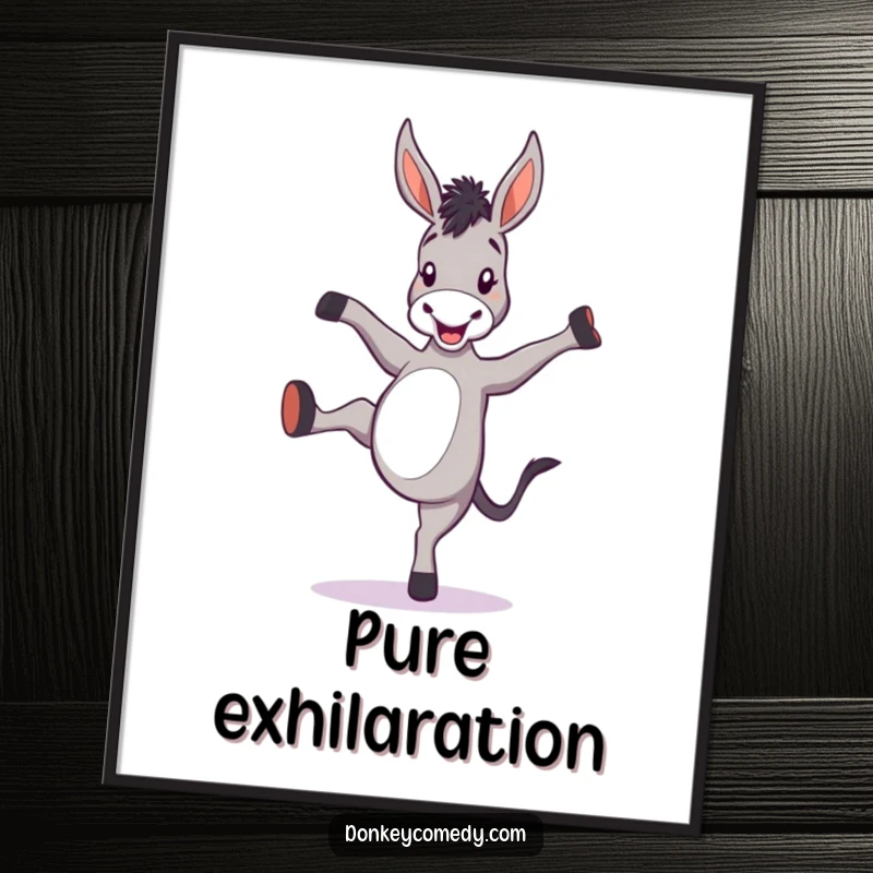 Funny donkey digital art print of a cartoon donkey gleefully kicking its heels, full of playful spirit.