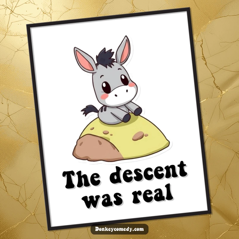 Funny donkey slide digital art print, sliding down a hill with a wide-eyed surprised face, perfect for instant adventurous decor.
