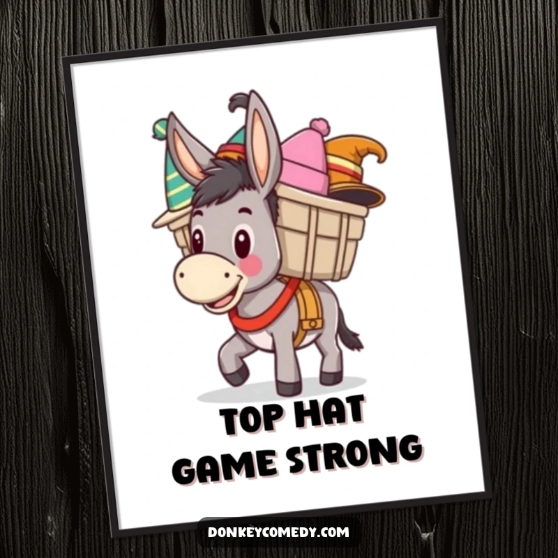 Funny digital art print of a happy donkey carrying a load of funny hats, a humorous and charming decor piece.
