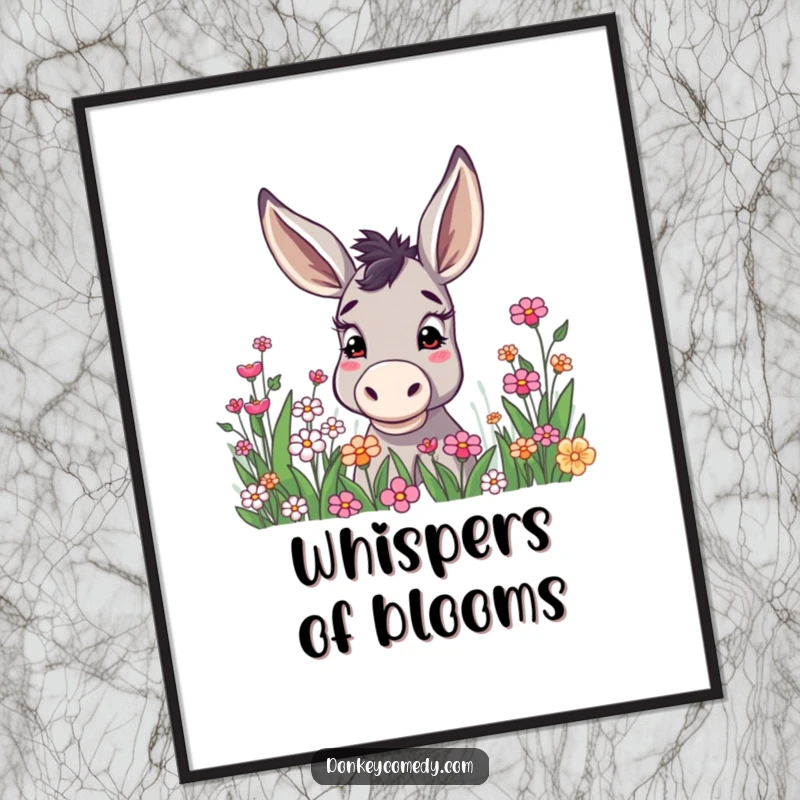 Funny donkey with ears held high, curiously peering into a vibrant flower patch, a charming digital art print for instant decor.